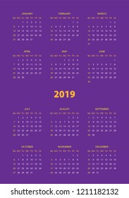 Simple calendar 2019 year. Week starts from Sunday. Flat vector illustration EPS10.