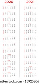Simple calendar for 2020 and 2021 years, vector illustration.