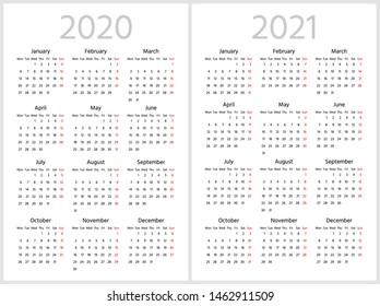 Simple calendar for 2020 and 2021 years. Week starts from Monday. Sans serif font, white background