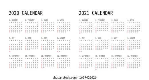 Simple calendar for 2020 and 2021 years. Week starts from Sunday.