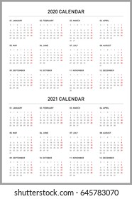 Simple calendar for 2020 and 2021 years. Week starts from Monday.