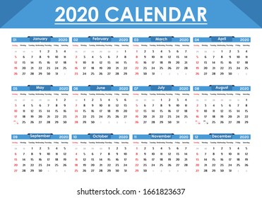 Einfaches Kalenderjahr 2020 - blauer und weißer Hintergrund