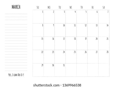 Simple calendar 2020 grid with To Do List and motivation phrase "Yes, I can Do It". Monthly printable planner, organizer and schedule template for March 2020. Minimalist planner for study or work.