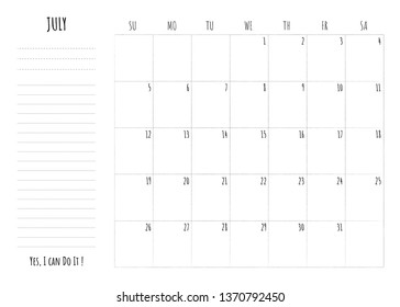 Simple calendar 2020 grid with To Do List and motivation phrase "Yes, I can Do It". Monthly printable planner, organizer and schedule template for July 2020. Minimalist planner for study or work.