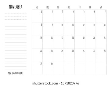 Simple calendar 2020 grid with To Do List and motivation phrase "Yes, I can Do It". Monthly printable planner, organizer and schedule template for November 2020. Minimalist planner for study or work.