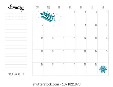 Simple calendar 2020 grid with lettering month name and motivation phrase "Yes, I can Do It". Monthly printable organizer start from Sunday for January 2020. Minimalist planner for study or work.