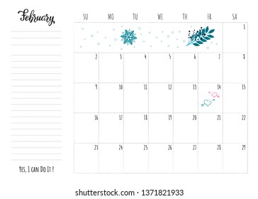 Simple calendar 2020 grid with lettering month name and motivation phrase "Yes, I can Do It". Monthly printable organizer start from Sunday for February 2020. Minimalist planner for study or work.