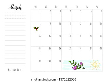 Simple calendar 2020 grid with lettering month name and motivation phrase "Yes, I can Do It". Monthly printable organizer start from Sunday for March 2020. Minimalist planner for study or work.