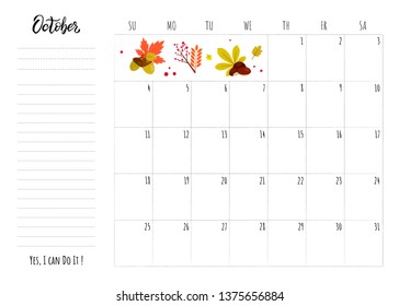 Simple calendar 2020 grid with lettering month name and motivation phrase "Yes, I can Do It". Monthly printable organizer start from Sunday for October 2020. Minimalist planner for study or work.