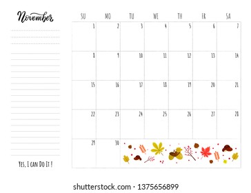 Simple calendar 2020 grid with lettering month name and motivation phrase "Yes, I can Do It". Monthly printable organizer start from Sunday for November 2020. Minimalist planner for study or work.