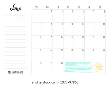 Simple calendar 2020 grid with lettering month name and motivation phrase "Yes, I can Do It". Monthly printable organizer start from Sunday for June 2020. Minimalist planner for study or work.