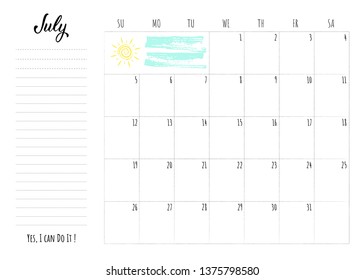 Simple calendar 2020 grid with lettering month name and motivation phrase "Yes, I can Do It". Monthly printable organizer start from Sunday for July 2020. Minimalist planner for study or work.