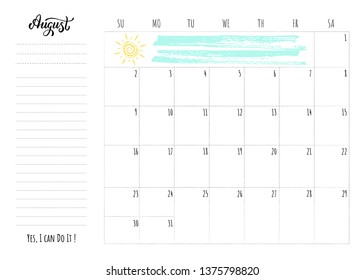 Simple calendar 2020 grid with lettering month name and motivation phrase "Yes, I can Do It". Monthly printable organizer start from Sunday for August 2020. Minimalist planner for study or work.