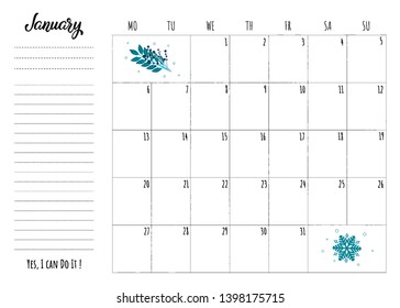 Simple calendar 2020 grid with lettering month name and motivation phrase "Yes, I can Do It". Monthly printable organizer start from Monday for January 2020. Minimalist planner for study or work.