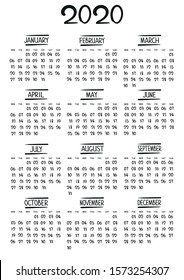 Simple calendar 2020 on white background. Printable clear template. Handwritten lettering. Minimal vector style. Week starts Monday. 