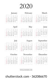Simple calendar 2020 - vector template with elegant classic font. Weeks start on sunday, numbers of weeks on calendar grid.