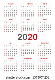 Simple calendar 2020 year. Sunday, Saturday. Vertical background. Vector 2D illustration on white background