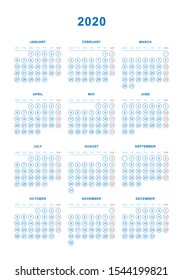 Simple Calendar 2020 year. Week starts from Monday. Flat vector illustration EPS10