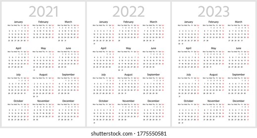 Simple calendar for 2021, 2022, 2023 years. Week starts from Monday. Sans serif font, white background