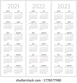 Simple calendar for 2021, 2022, 2023 years. Week starts from Monday. Sans serif font, white background. Six rows, two columns