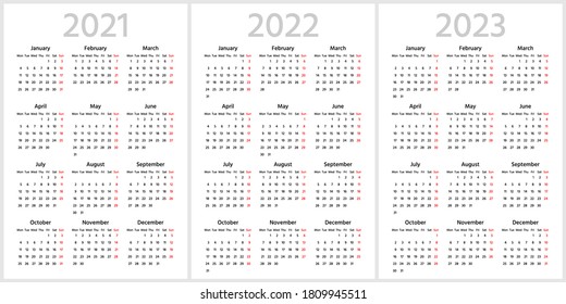 21年 22年 23年の簡易カレンダー 週は月曜日から始まります 白い背景にサンセリフの半太字フォント 英語 ベクター画像テンプレート のベクター画像素材 ロイヤリティフリー