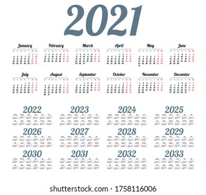Simple calendar 2021 - 2033 on white background. Vector illustration