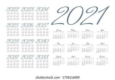 Simple calendar 2021 - 2033 on white background. Vector illustration