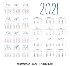 
Calendario simple 2021 - 2033 sobre fondo blanco. Ilustración del vector