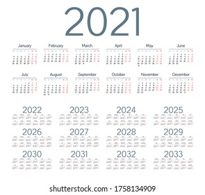 
Simple calendar 2021 - 2033 on white background. Vector illustration