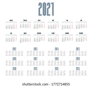 Simple calendar 2021 - 2033 on white background. Vector illustration