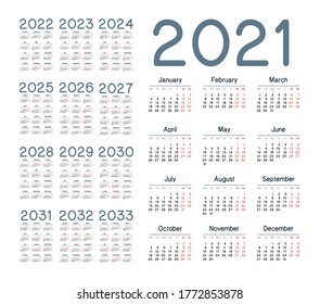 Simple calendar 2021 - 2033 on white background. Vector illustration