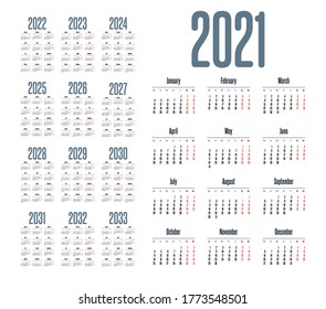Simple calendar 2021 - 2033 on white background. Vector illustration