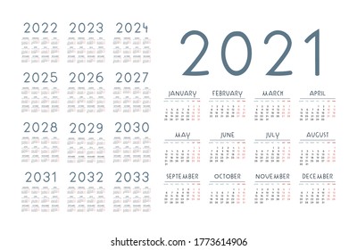 Einfaches Kalenderjahr 2021 - 2033 auf weißem Hintergrund. Vektorgrafik