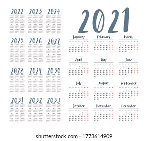 Simple calendar 2021 - 2033 on white background. Vector illustration