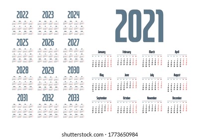 Calendario simple 2021 - 2033 sobre fondo blanco. Ilustración del vector