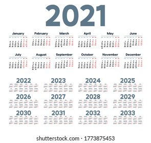 Simple Calendar 2021 2033 On White Stock Vector (Royalty Free ...