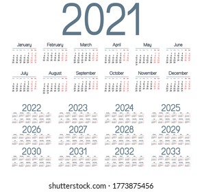Simple calendar 2021 - 2033 on white background. Vector illustration
