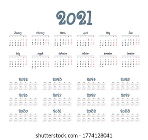 Simple calendar 2021 - 2033 on white background. Vector illustration