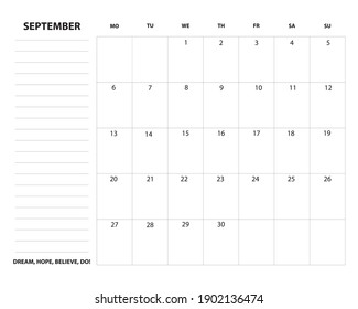 Simple calendar 2021 grid for September with To Do List and motivation phrase.