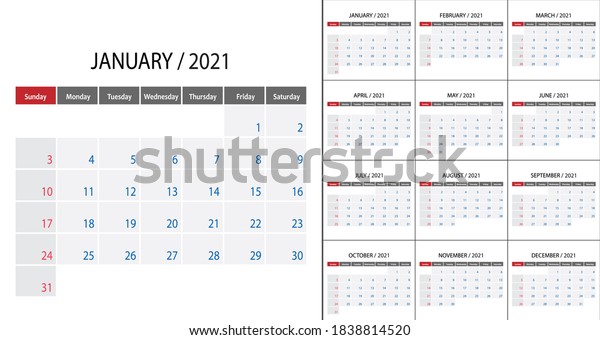 Simple Calendar 2021 On English Language Stock Vector (Royalty Free ...