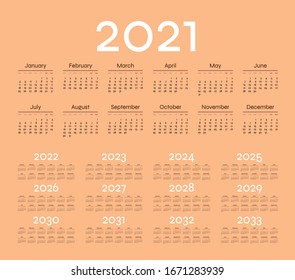 Simple calendar 2021 on pastel background. Vector illustration