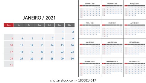 Simple Calendar 2021 on Portuguese language week start on Sunday.