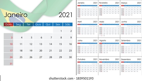 Simple Calendar 2021 on Portuguese language, Brazilian version, week start on Sunday.