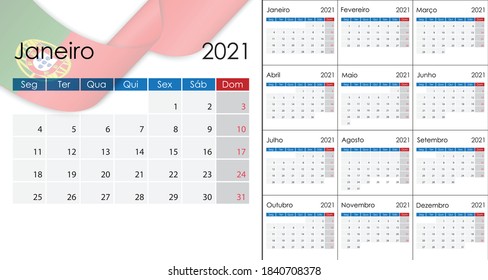 Simple Calendar 2021 on Portuguese language, European version,week start on Monday. 