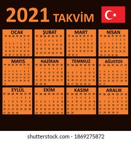 Simple Calendar 2021 on Turkish language, week start on Monday.