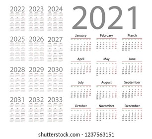 English Calendar Years 20212033 Week Starts Stock Vector (Royalty Free ...