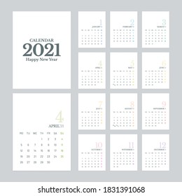 Einfaches Kalender 2021, Vektordesign mit 12 Seiten auf weißem Hintergrund. Die Woche beginnt am Montag.