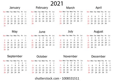 Simple Calendar 2021 Years Week Starts Stock Vector (Royalty Free ...