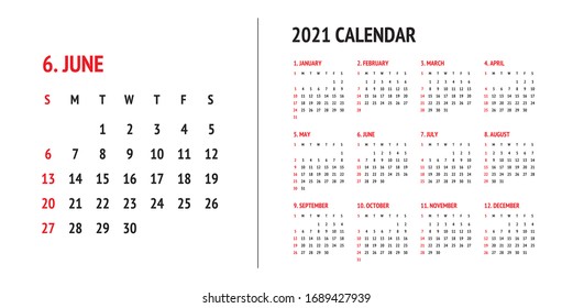 Simple calendar for 2021 years. Week starts from Sunday.