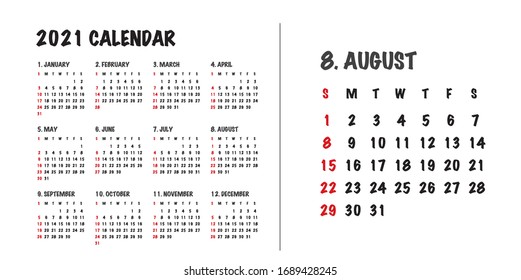 Simple calendar for 2021 years. Week starts from Sunday.